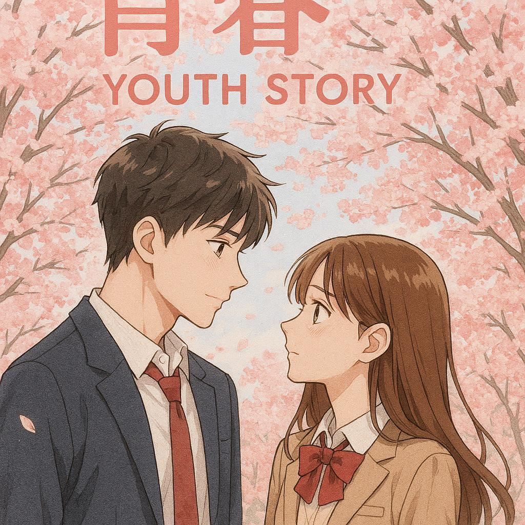 校園戀愛漫畫《青春物語》封面，櫻花樹下男女主角對視